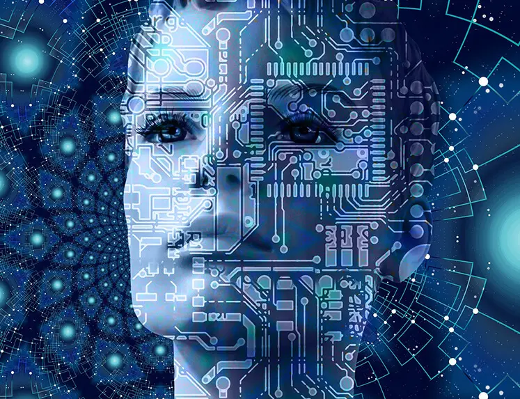 A woman 's face is made up of many different electronic circuitry.